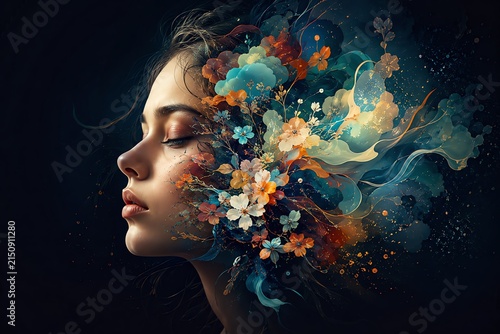 Young woman with closed eyes merging into blue and orange flowers in a fantasy composition.