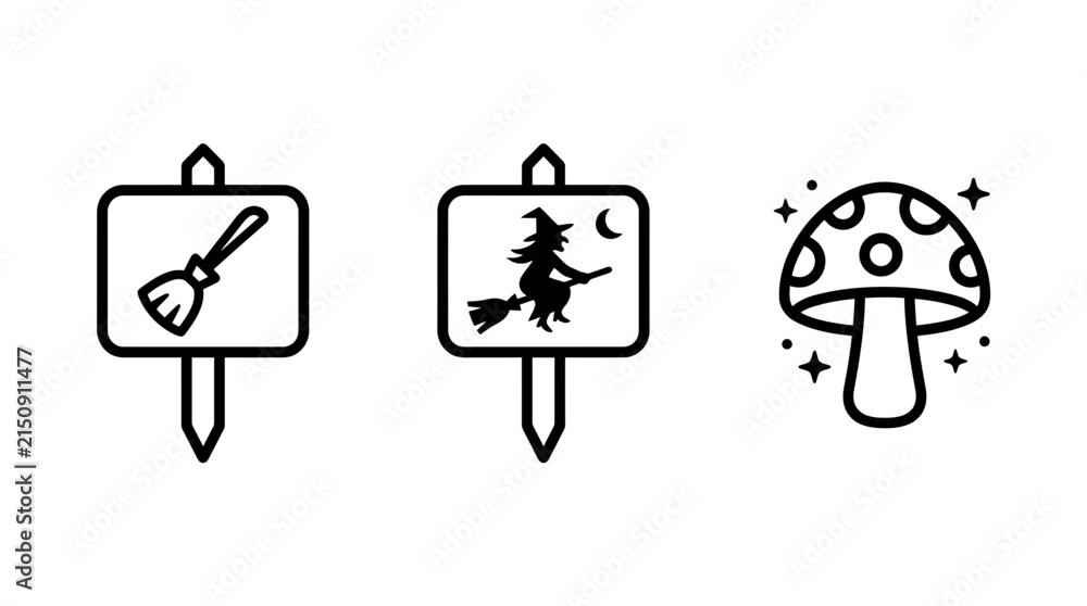 Fototapeta premium Set of magical line art icons including a broomstick sign a witch flying on a broom sign a spotted magical mushroom broomstick halloween illustration elements decoration isolated