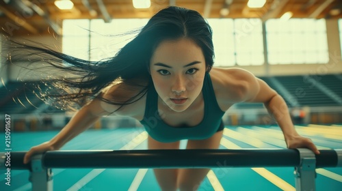 Athlete powerfully pushing off a bar.