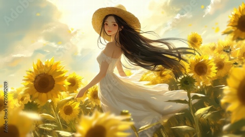 A girl in a sunhat strolls through a sunflower field.