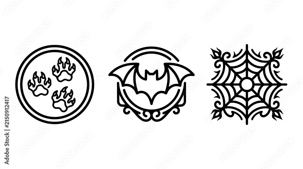 Fototapeta premium Set of three stylized animal and fantasy theme circular icons with creature halloween wildlife circular illustration minimalist monochrome isolated decoration collection mysterious