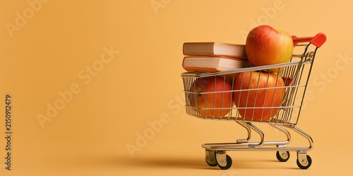 Back to school shopping concept with books and an apple on a desk