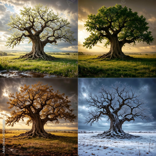 Four Seasons of Single Oak Tree, Spring Summer Autumn and Winter Landscape Concept