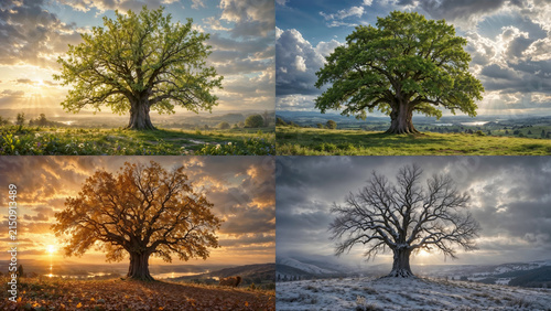 Four Seasons of Single Oak Tree, Spring Summer Autumn and Winter Landscape Concept