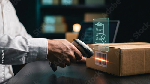 Hand scanning barcode on cardboard box with digital checklist overlay for inventory management and logistics tracking, business process