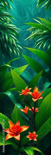 Tropical jungle background with vibrant green leaves and exotic flowers, plants, jungle