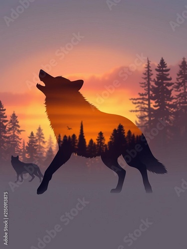Wolf silhouette running, howling, standing animals, energy, free