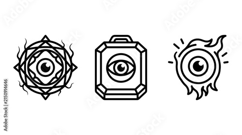 Set of mystical eye icons featuring occult symbols amulet and flaming vision all seeing mystical esoteric spiritual abstract mysterious talisman spiritualism supernatural collection