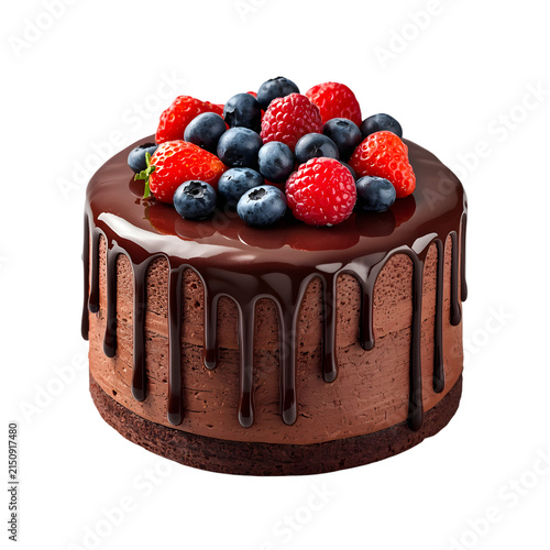 Decadent Chocolate Berry Cake: A rich chocolate cake topped with fresh strawberries, blueberries, and raspberries, drizzled with glossy chocolate ganache.