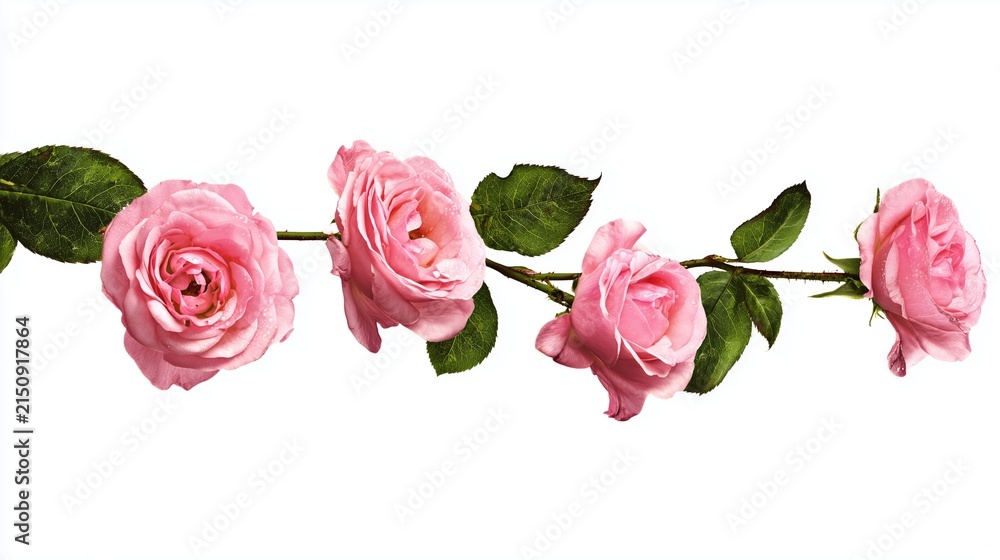Fototapeta premium Branch of four pink roses isolated on white background, delicate and romantic