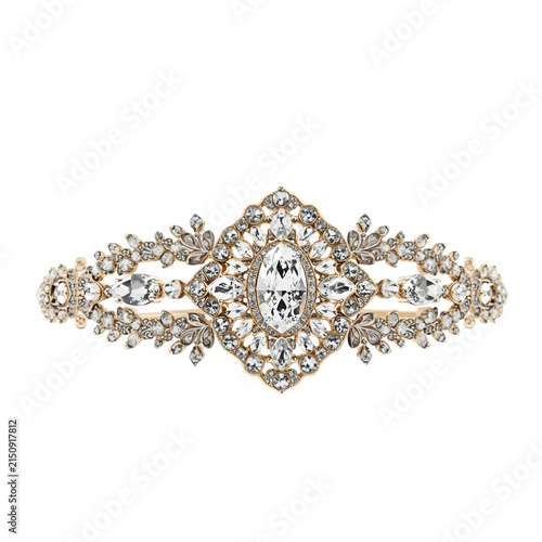 Sparkling Tiara: A magnificent tiara adorned with numerous clear crystals and a central oval-cut gem, set in a golden band, exuding regal elegance and luxury.