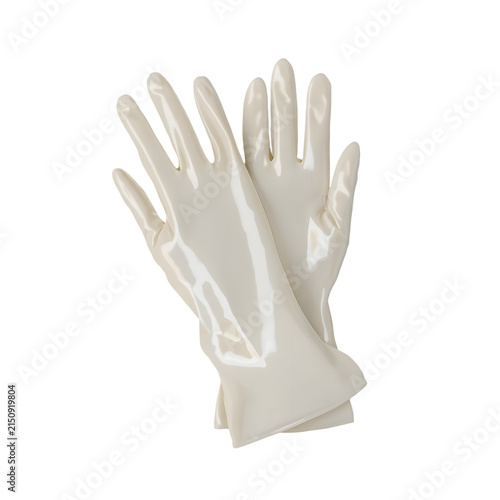 Latex Gloves for Protection: A pair of clean, ivory-colored latex gloves, ready for use in various protective applications, lies against a stark white background.
