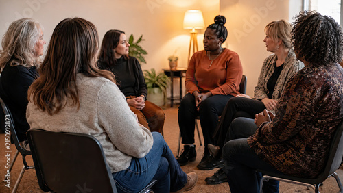 Breast cancer awareness. Small group of women sitting in a circle of chairs in a warm community room
