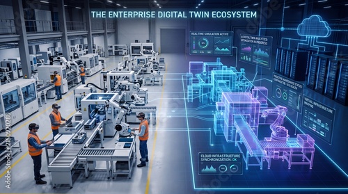 Digital twin factory automation technology industrial worker machine simulation smart manufacturing cloud robotics. Digital twin technology modern factory with automation robotics and workers
