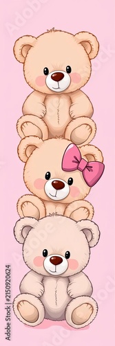 Cute teddy bear illustrations on a soft pink background, tender, gentle