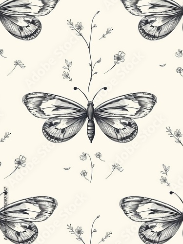 Delicate, hand-drawn etching pattern featuring stylized butterfly wings with intricate vintage linework and botanical elements, set against a soft beige background, illustration, linework
