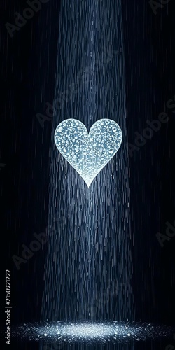 Heart-shaped rain shower amidst dark tones and strong shadows, Misty, Strong Shadows