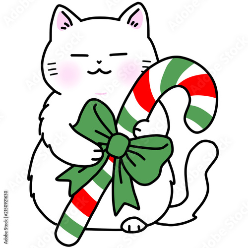Foto A cute white cat holding white green and red color christmas candy cane with gre