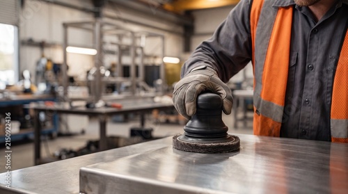 Professional metalworker polishing stainless steel surface using electric orbital sander tool in modern industrial