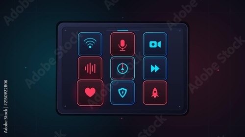 Neon retro gaming keypad grid with glowing interactive buttons and fluid animation