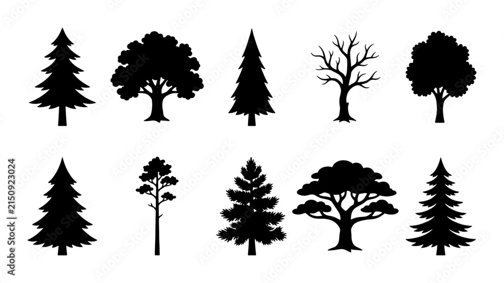 Obraz premium Diverse Tree Silhouettes Collection, 10 Vector Icons for Nature Graphics, Forest Elements, Woodland Designs, Evergreen and Deciduous Styles