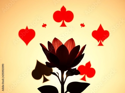 Silhouette of a blooming flower surrounded by stylized card suit symbols, graphic, decorative