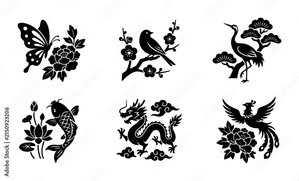 Obraz premium Traditional Asian Motifs: 6 Vector Icons of Butterfly, Bird, Crane, Koi Fish, Dragon, and Phoenix, Black Silhouette Designs for Cultural Art and Decoration