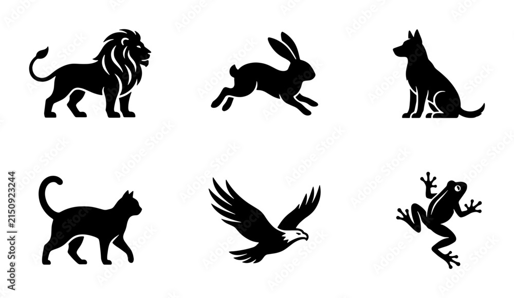 Obraz premium Diverse Animal Silhouettes Collection, Vector Icons: Lion, Rabbit, Dog, Cat, Eagle, Frog, Wildlife Graphics