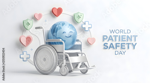 World patient safety day celebration with globe wheelchair and hearts healthcare hospital wheelchair