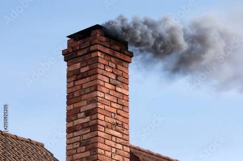 Brick chimney emitting dark smoke polluting the air