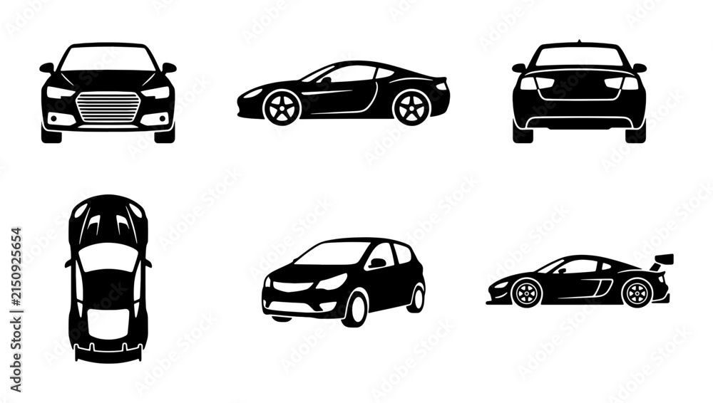 Obraz premium Modern Car Icons Set, Sleek Automotive Vector Graphics, Diverse Vehicle Silhouettes for Transport and Technology Concepts