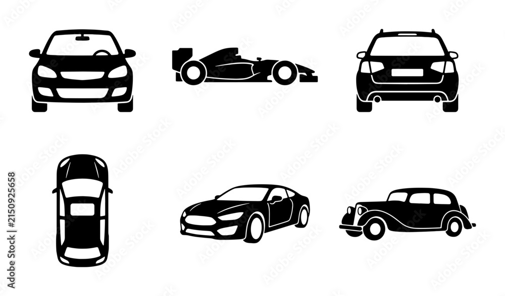 Fototapeta premium Diverse Car Icons Collection: Modern Sedans, Sports Cars, Vintage Autos, and Formula 1 Racers in Black Silhouette Vector Graphics
