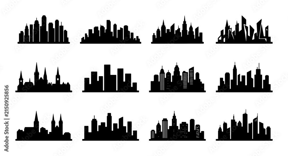 Fototapeta premium Urban Cityscape Silhouettes, Modern Architectural Skylines, Diverse Building Collections, Vector Graphics for Business and Design