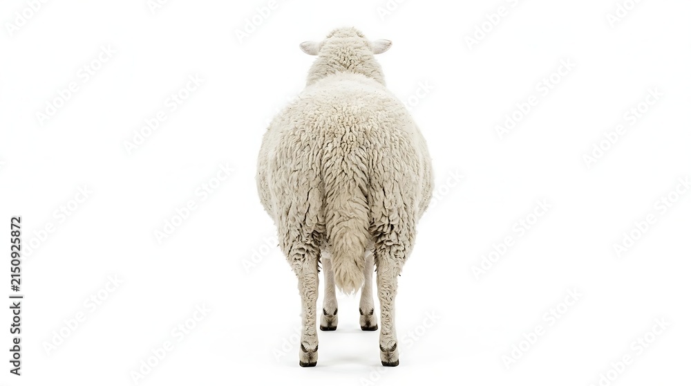 Fototapeta premium Back view of a fluffy white sheep standing isolated on a white background