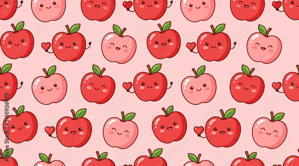 Fototapeta premium Cute cartoon apples with rosy cheeks and hearts form a repeating pattern on a pink background, flat design style