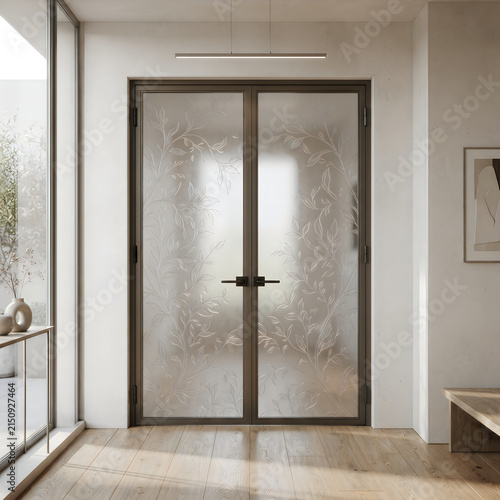 Textured glass double doors with black frame in bright modern hallway interior textured interior entryway minimalist