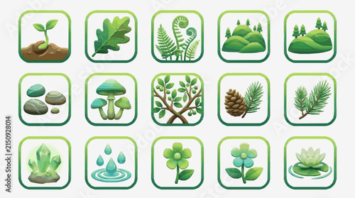 Elegant Collection of Vibrant Green Nature Icons Featuring Plants Landscapes Crystals and Water Elements in Soft Pastel Shades