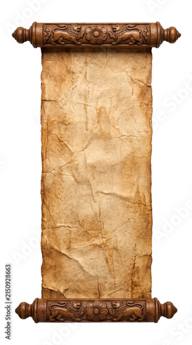 Vintage Ancient Blank Parchment Scroll with Wooden Rollers Isolated on White Background