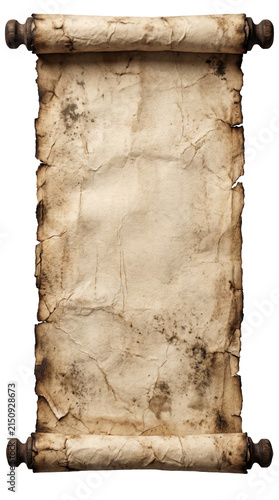 Vintage Ancient Blank Parchment Scroll with Wooden Rollers Isolated on White Background