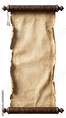 Vintage Ancient Blank Parchment Scroll with Wooden Rollers Isolated on White Background