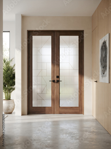 Sophisticated wood framed glass double doors in bright modern hallway with entryway interior architecture entrance
