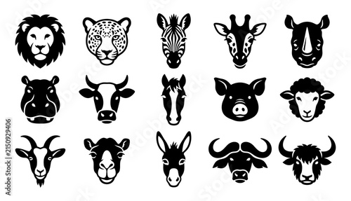 Collection of black and white animal head silhouettes featuring wild and farm creatures