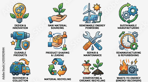Elegant Infographic Showing 12 Sustainable Manufacturing Practices with Colorful Icons and Gear Themed Symbols