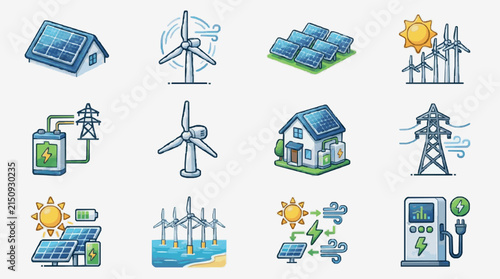 Elegant of Renewable Energy Sources and Smart Grid Systems with Solar Panels Wind Turbines Batteries and Electricity Flow