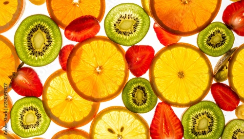 Vibrant arrangement of fresh, translucent citrus slices and juicy strawberries, brilliantly backlit to highlight their natural beauty and healthy appeal