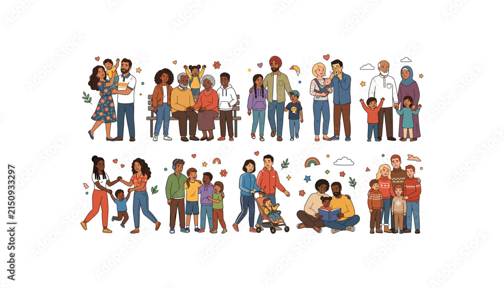 Fototapeta premium Diverse Multigenerational Family and Community Groups with Parents, Children, Seniors, Friends, Celebrations, and Everyday Social Activities Vector Collection