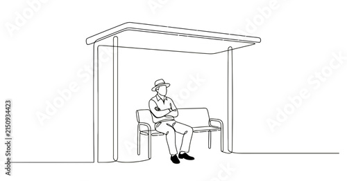 Continuous Line Bus Stop with Seated Man Vector