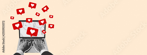 Laptop with hands typing and floating heart notification icons, retro halftone social media engagement concept on beige copyspace background design.