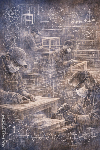 The image depicts a group of people engaged in scientific or technical research. They are working in a laboratory setting, focusing on their tasks and likely collaborating to achieve their objectives.