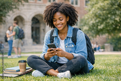 Young woman smiling at phone, on college campus. Happy student with cellphone in hand.